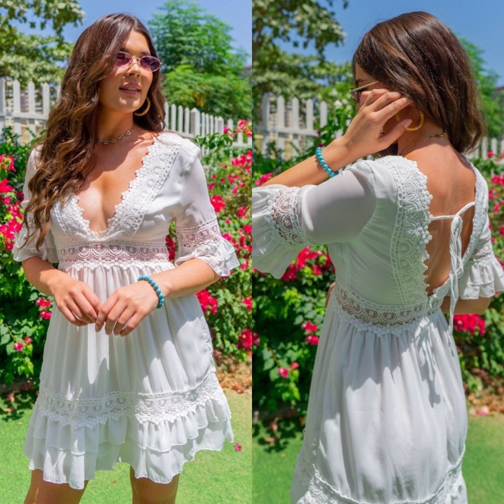 White Short Sleeve V-Neck Open Back Lace Trim Mini Dress